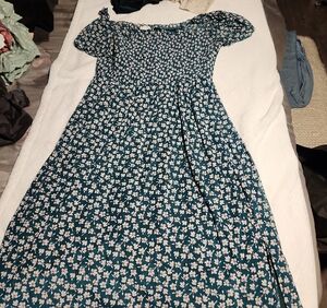 Floral Off-Shoulder Smocked Midi Dress - Teal